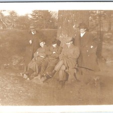 1914 Five Men Group RPPC Postcard Trenchcoats Overcoats Bowler Hats Bench Park picture