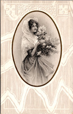 1910 Edwardian Woman with Flowers Postcard - Sepia Tone Portrait picture