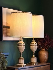 Pair Vintage Stiffel Heavy Solid Brass Enamel Table Lamps Original Shades 37