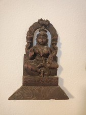 Vtg Wooden Hand Carved Goddess Laxmi Wall Hanging/ Shelf Figurine Statue 11x7 picture