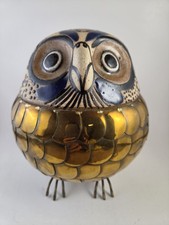 Vintage Mexican Brass & Pottery Owl, Large, Signed Blazquez Tonala Folk Art picture