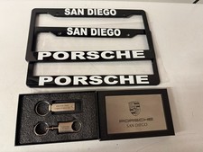 PORSCHE License Plate Frames Black Plastic & 2 SAN DIEGO PORSCHE KEYCHAINS picture