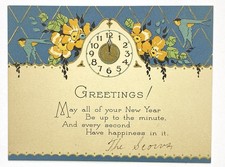 Antique 1920s Art Deco Happy New Year Card Clock Flowers Birds Embossed picture