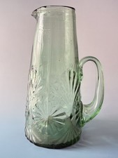 Vintage Mexican Hand Blown Green Glass Pitcher Starburst 9” Heavy picture