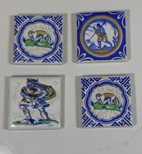 Lot 4 Vtg Westraven Delft Dutch Miniature Tiles 1.5” Soldier Monkey Holland picture