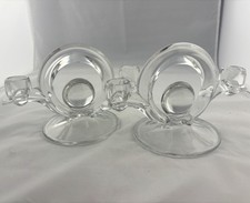 Vintage Indiana Glass Block & Rib Double Candle Holder Pair Art Deco Candelabra picture