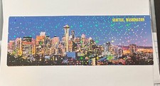 NIGHT SEATTLE SKYLINE PANORAMA HOLOGRAPHIC HANDCRAFTED POSTCARD PRINT. 11 x4 in picture