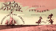 Antique Bird & Top Hat, Pocket Watch, Chain Boss Pat Case Trade Card Corydon, IA picture