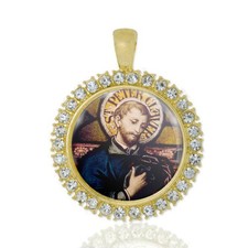 St Peter Claver Christian Round Medal Gold Tone Pendant with Rhinestones picture