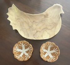 Vtg Polish Folk Art Birch Wood Charcuterie Serving Board-2 Pottery Bowls-Poland picture