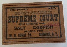 Antique SUPREME COURT , W H DUNNE CO, NORWICH NY  Salt Codfish Wood Box picture