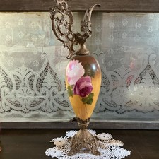 Antique Victorian Ewer Pitcher With Hand Painted Roses 22 Inches Tall picture