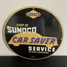 VINTAGE SUNOCO CAR SAVER GASOLINE OIL PORCELAIN SIGN picture
