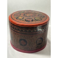 Vintage Burmese Lacquerware Betel Box Cinnabar Red Black Etched Animal Motif 9.5 picture