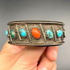 Vintage Navajo Native Turquoise Coral Silver Bracelet Cuff Small 6-1/8
