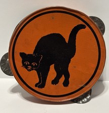 1950s VINTAGE HALLOWEEN TIN TAMBOURINE / NOISE MAKER   KIRCHHOFF  BLACK CAT picture