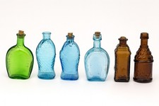 Lot 6 Mini Figural Glass Bottles Blue Green Brown Wheaton Style Bitters Vintage picture