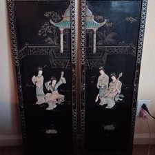 Vintage Chinese Lacquer Mother of Pearl Soapstone Wall Panels Set of 2 picture