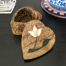 True Vintage Brown Soapstone Heart Shaped Trinket Box picture
