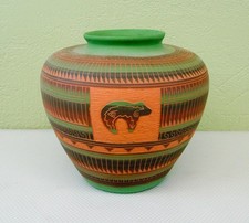 Unique Etched Signed Clay Vase Pot Bear Fetish Design picture