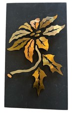 Vtg Floral Copper Brass Pewter Inlay On Wood Small Art Wall Hanging 5.5x9” MCM picture