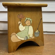 Vtg Wooden Foot Step Stool Hand painted Laundry Room Iron Mop Dust Cottage Core picture