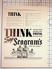 Vintage Seagram's Whiskey Ad 1930s Think Before You Drink Magazine Ephemera picture