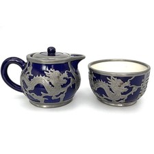 Antique Chinese Pewter Dragon Teapot Set, Cobalt Blue Hor Chung Weihaiwei 2 pc picture