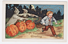 Whitney Halloween Vintage Postcard Scared Boy Runs Ghosts JOL Moon Gold Details picture