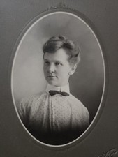 Antique Cabinet Card Portrait Young Woman Bow Tie Blouse Oval Mount Studio Photo picture