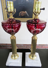 2 Antique Bohemian Egermann cranberry cut to clear classical table lamps marble picture