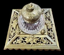 Antique BRASS & CUT CRYSTAL INKWELL WITH SATYR HEADS BACCARAT picture