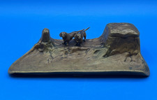 ANTIQUE LOST WAX BRONZE INKWELL with PEN TRAY with 2 DACHSHUND DOG FIGURINES picture