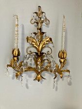 Vintage Mid Century Gold Tole Sconce w Lucite Gold Flake Candles & Crystals BIN picture