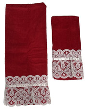 VTG Saturday Knight Lot 2 Red Towels Christmas White Lace picture