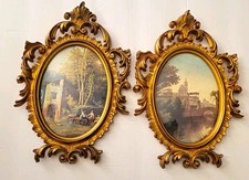 2 Ornate Oval Plastic Framed Prints Antique Gold Italy Mid Century Convex Glass picture