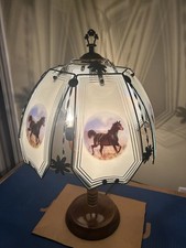 Vintage OK Lighting Wild Mustang Horse 3-Light Touch Lamp Glass Panel Shade picture
