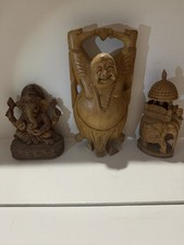3pc Hand-Carved Wood Figurines Ganesha Elephant Laughing Buddha Natural picture