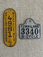 Two Vintage Bicycle Licenses Plates Rolling Meadows Illinois And Town Lake picture
