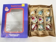 Vintage Poland Christmas Ornaments Glass Santa Land Box Of 9 Indent Teardrop Exc picture