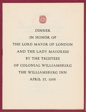 VINTAGE 1956 WILLIAMSBURG INN MENU GUESTS MAYOR OF LONDON WILLIAMSBURG VIRGINIA picture