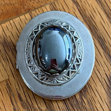 Vintage Silver Tone Pocket Makeup Compact Case Hematite Cabochon Stone Lid As Is picture