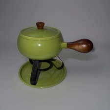 Vintage MCM Avocado Fondue Melting Cooking Pot Green w/ Wood Handle picture