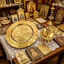 Handcrafted Gold Plated Orthodox Candle Holder with Disk Tray Church Altar Set picture