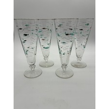 Vintage Mid Century Modern Fish Pilsner Glasses Teal Silver Set of 4 MCM Barware picture
