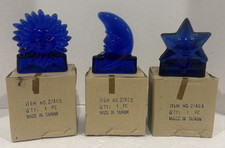 VTG 90's Cobalt Blue Glass 3pc CELESTIAL CANDLE HOLDER SET-Sun Moon Star NIB/NOS picture