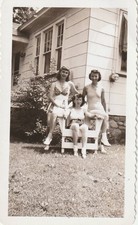 Vintage 1940s Snapshot Photo Women Swimsuits Adirondack Chair Backyard House picture