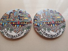 2 pcs  Vintage Jerusalem Ceramic Decorative Plate  Colorful Handcrafted Souvenir picture
