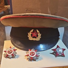 Vintage Soviet USSR Military Lot - Red Army Officer Visor Cap & 3 Silver Medals picture