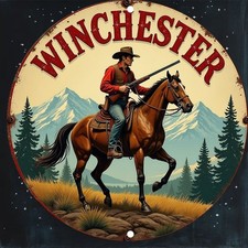 Winchester Round Rustic Cowboy Horseback Tin Metal Signs Home Décor 8x8 picture